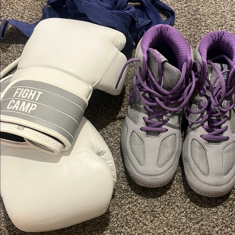 White Boxing Gloves and Gray Sneakers with Purple Accents
